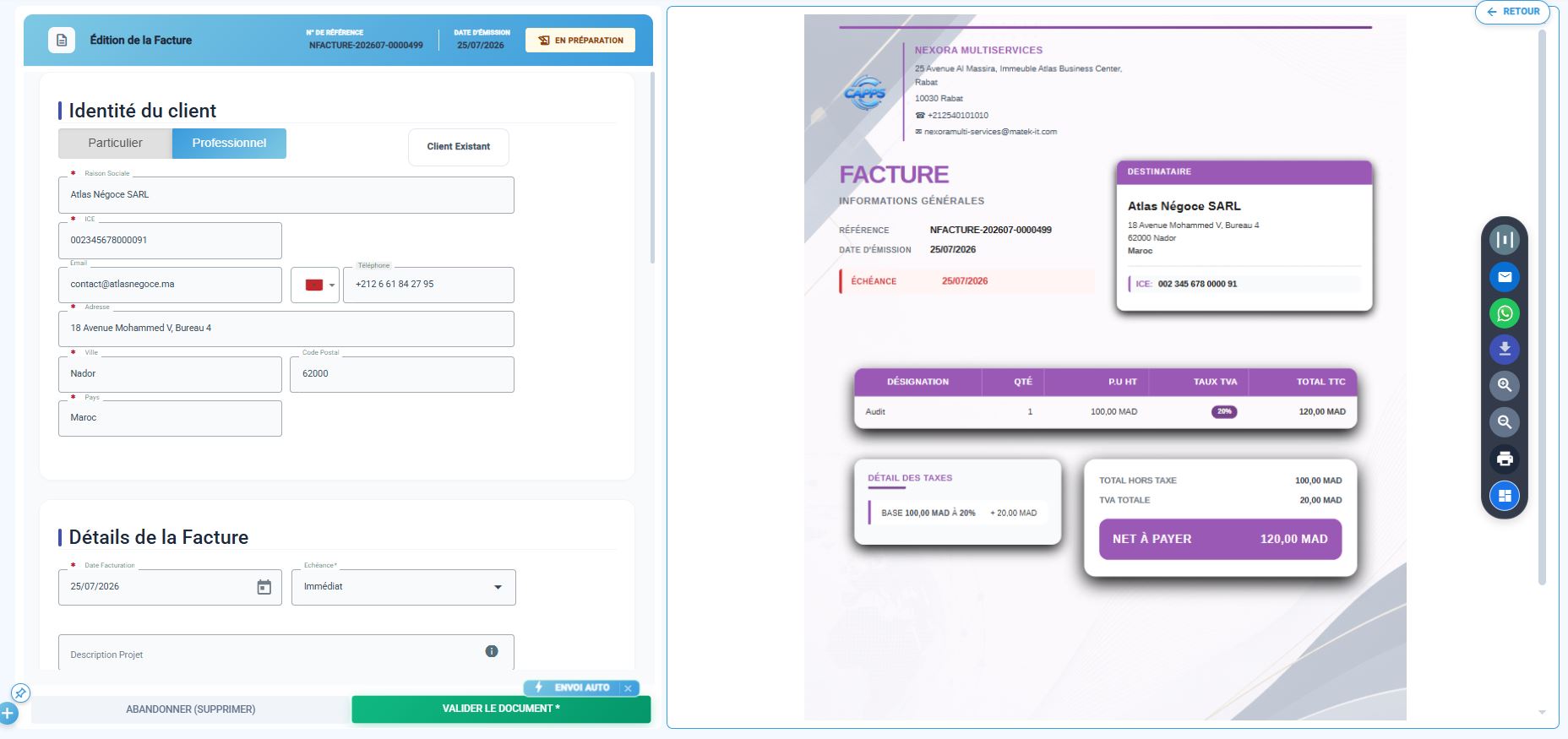 Interface de creation de facture CAPPS Outil