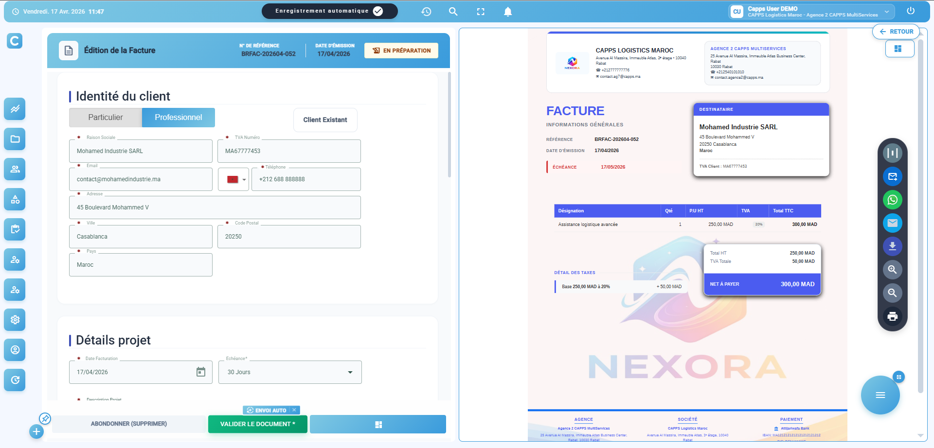 Interface de creation de facture CAPPS Outil